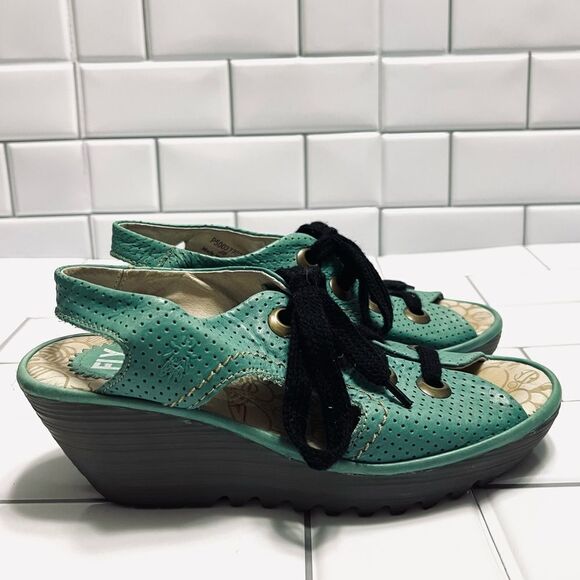 Fly London Ylva Platform Sandals Wedge Sling Back Lace Up Sea Foam Green Size 39 - Picture 8 of 15